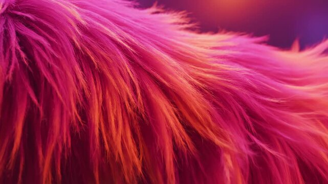 A mesmerizing close-up of fluffy pink and orange faux fur gently swaying, creating a soft and vibrant texture.