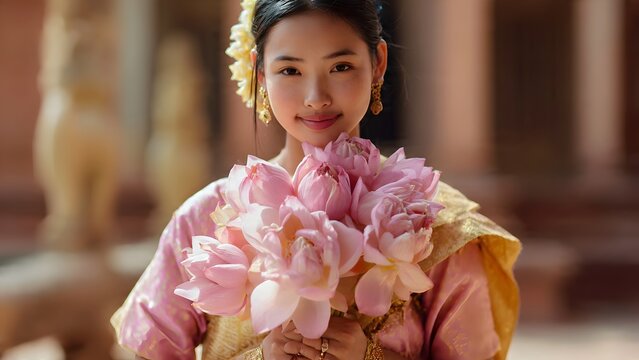Young Cambodian woman in traditional silk dress holding pink lotus flowers at an ancient temple during Pchum Ben festival