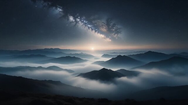 Deep dim cosmic haze with rolling shadowy fog layers and tiny glimmering highlights floating ahead