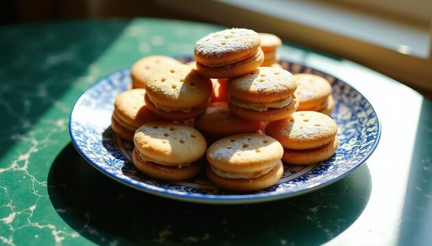 Stack of round cookies with cream filling on blue patterned plate. Sweet biscuits dusted with powdered sugar in bright natural light. Tea time treat.