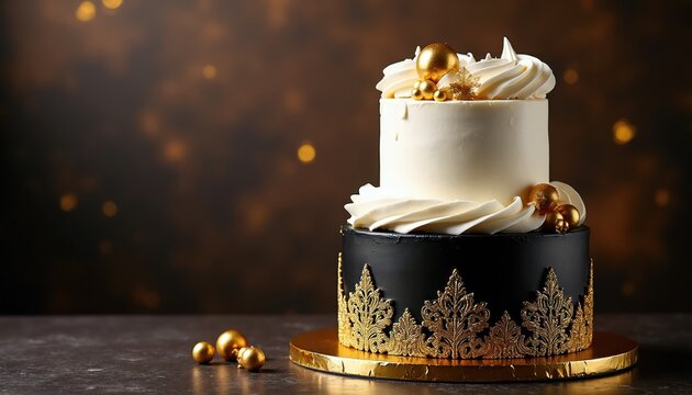 Elegant two-tier cake with white frosting, black base adorned with gold details. Cake sits on golden stand, decorated with golden balls, foliage accents. Ideal for celebrations, special occasions.