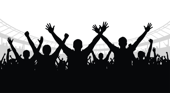 Silhouette of a cheering crowd with raised arms in a stadium setting emphasizing the intense excitement and passion of sports fans during a game.