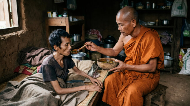 Buddhist monk feeding a sick man in a poor house. Asian monk helping a patient with food. Concept of care, compassion, kindness, support, charity, and humanity in difficult life conditions.