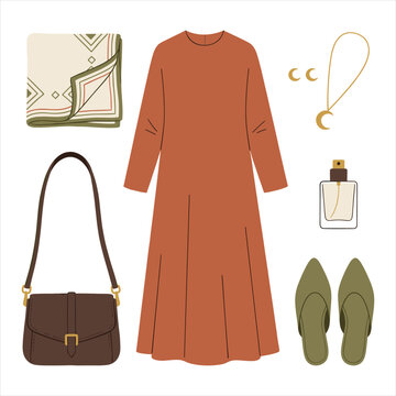 Muslim Modest Fashion Gamis Hijab Handbag Perfume Shoes Flat Lay Collection Flat Design