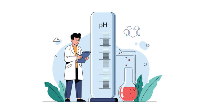 Lab scientist records data next to a giant pH scale and chemical glassware for scientific research and water quality testing purposes.