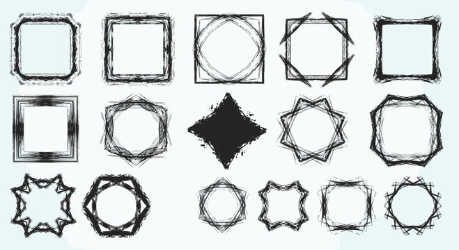 Set of fifteen black grunge textured frames in various geometric shapes including squares and stars on a light background.