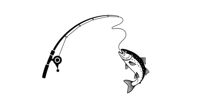 Simple black and white line art illustration of a fishing rod with a fish caught on the hook against a plain white background.