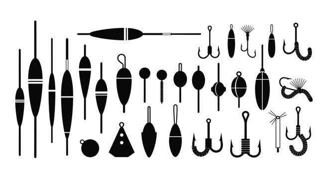 Collection of various fishing floats, hooks, and weights depicted as black silhouettes on a plain white background for angling gear.
