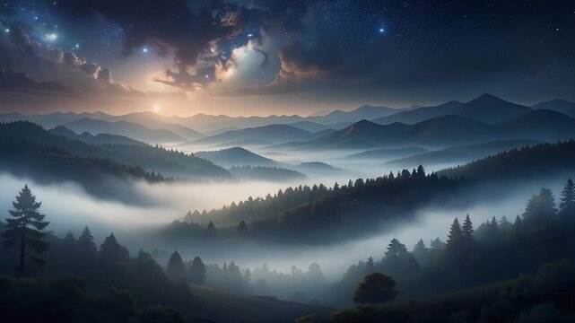 Soft dark fog currents moving forward in a dim cosmic scene with faint shimmering points and depth
