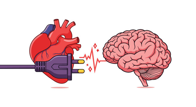 Creative illustration of an electrical connection between a human heart and a brain symbolizing the link between emotions.