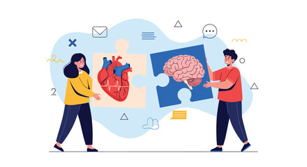 Naklejka premium Diverse people connecting puzzle pieces featuring a human heart and brain to represent the balance of emotion and logic.