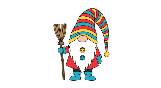 Adorable garden gnome character with a long white beard and a tall striped hat holding a rustic wooden broomstick.