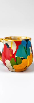 A handmade mug with a lopsided shape and an abstract painted design in clashing colors, creating an intentionally imperfect look ,  mug,  unique