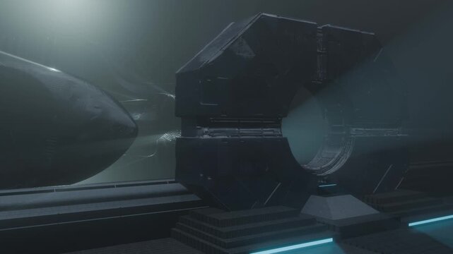 Futuristic sci-fi spacecraft in deep space. Massive dark metallic spaceship with angular modular design, glowing blue neon lights and intricate technological details