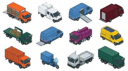 Collection of isometric delivery trucks and vans in various colors and types. © Ridwan