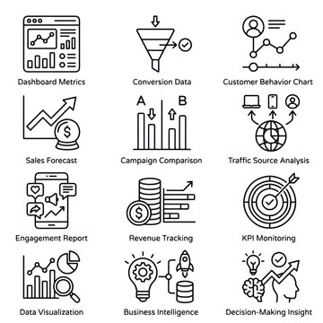 Collection of business analytics and data visualization icons, representing key performance indicators and strategic insights.