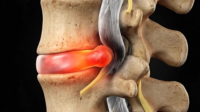 A medical illustration showing a herniated spinal disc segment