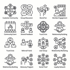 Obraz premium Collection of line icons representing business concepts like community, engagement, and relationships.