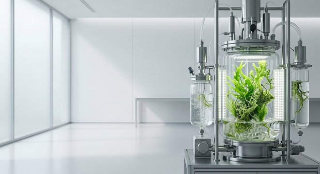Bioreactor for marine carbon capture and microalgae biotechnology in a clean laboratory, sustainability technology concept