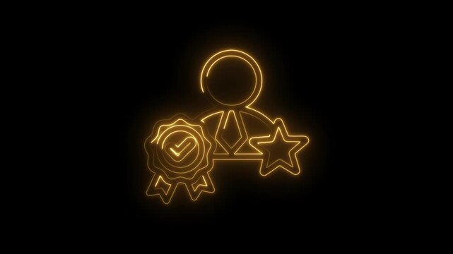 Glowing neon outline of a person with a tie next to a verified badge and a star symbol on a icon