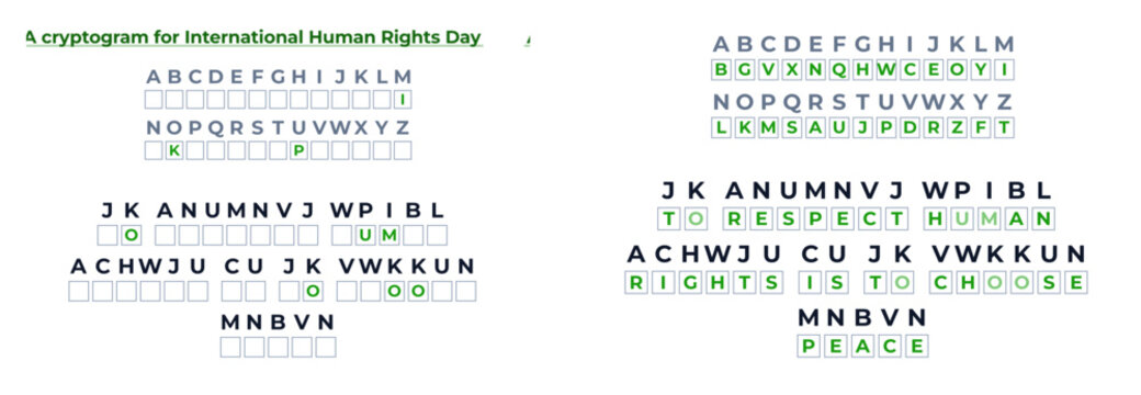 Vector image with a code cryptogram for International Human Rights Day with the correct answer  