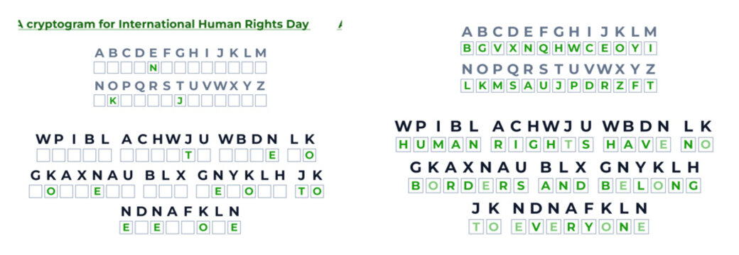 A vector image with a code, a cryptogram  with the correct answer for International Human Rights Day  