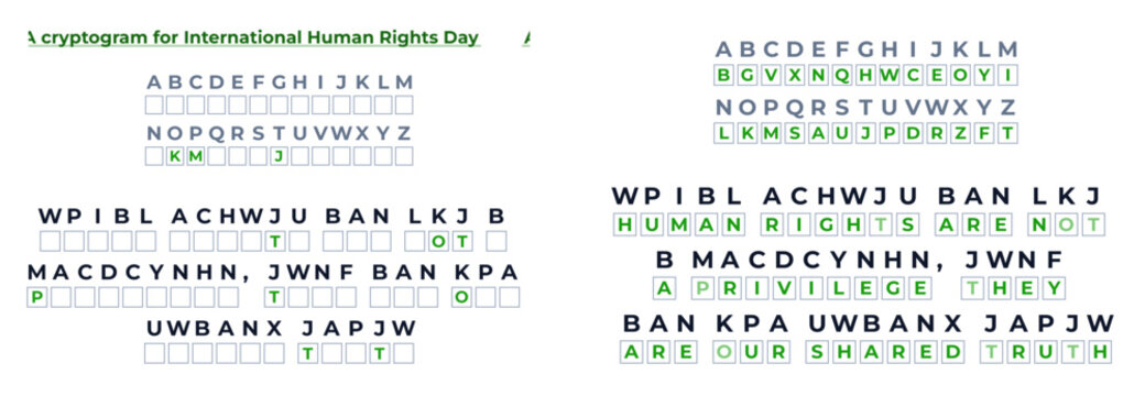 A vector image with a code, a cryptogram for International Human Rights Day with the correct answer  