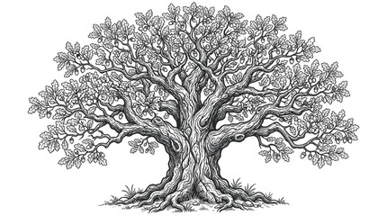 Detailed Engraving of an Ancient Oak Tree with Sprawling Branches and Roots © Yunan