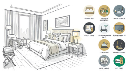 Luxury Hotel Room Sketch with Amenities Icons © Yunan