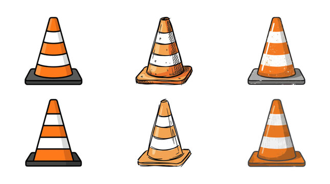 Set of Orange Traffic Cones, Safety Warning Symbols, Construction Elements