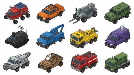 Collection of isometric vehicles including construction, emergency, and military types. © Ridwan