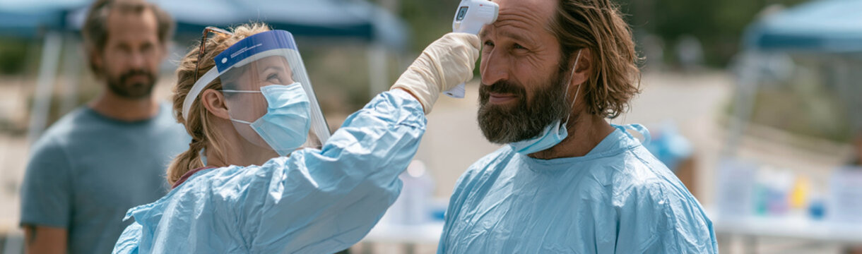 Health Screening at a Distance: A medical professional in protective gear takes a man's temperature with a contactless thermometer.