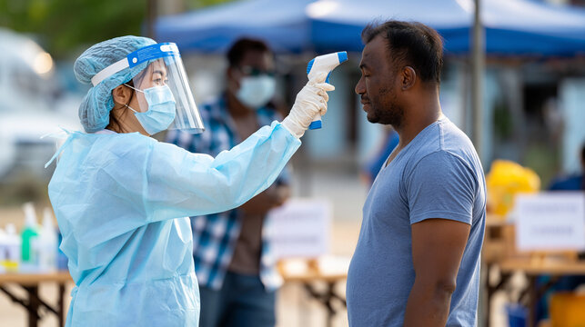 Temperature Check During Health Screening: A healthcare worker in protective gear uses a non-contact thermometer to measure a person's body temperature.