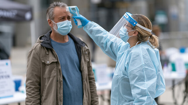 Health Screening at Public Event: A medical professional in protective gear uses an infrared thermometer to check the temperature of a man wearing a face mask.