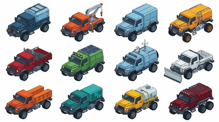 Collection of isometric off-road vehicles with different functions and colors. © Ridwan