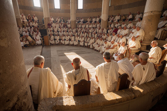 A group of roman senators dressed in traditional robes engages in deep discussion while seated in a circular amphitheater, illuminated by soft sunlight. Generative AI.