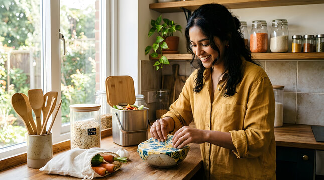Young woman filling reusable beeswax wrap over bowl in zero waste kitchen, sustainable living and plastic free lifestyle concept