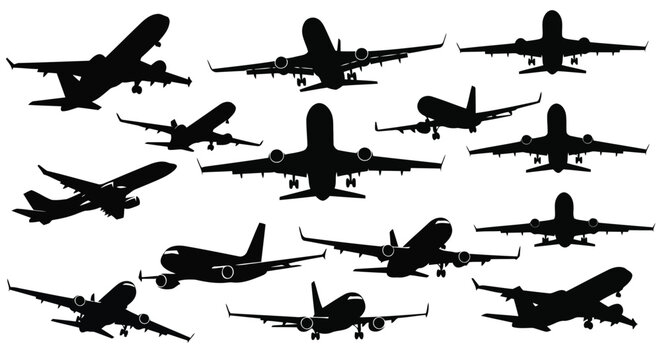 Black silhouettes of various airplanes flying