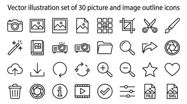 Picture and Image Outline Icons Set &ndash; 30 Linear Photo Gallery and Media Vector Symbols