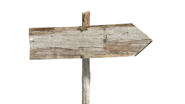 Single Blank Wooden Arrow Sign on Post with Transparent Background, Rustic Weathered Directional Plank