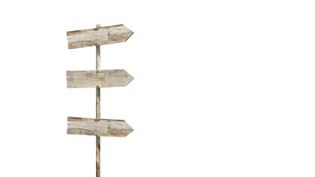 Three Blank Wooden Arrow Signs Pointing Right on Post with Transparent Background, Rustic Weathered Directional Planks