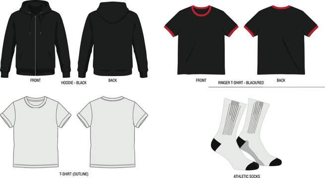 Blank clothing mockup vector set featuring front and back views of hoodie ringer t shirt outline tee and socks