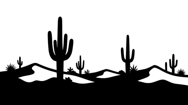 Minimalist black silhouette of desert landscape with saguaro cacti and sand dunes