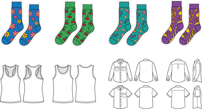 Vector fashion flat sketch collection featuring patterned crew socks athletic tank tops long and short sleeve button up shirts