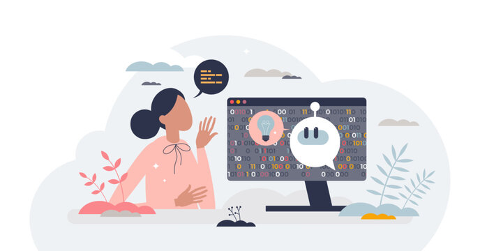 Machine learning chatbot training, student with monitor and chatbot icon over binary, signaling coding practice, model building, and human AI dialogue in a course, transparent background.