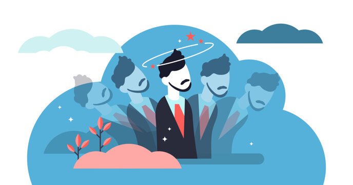 Dizziness illustration, transparent background. Flat tiny dizzy head feeling person concept. Confusion motion, abstract impairment in spatial perception and stability.