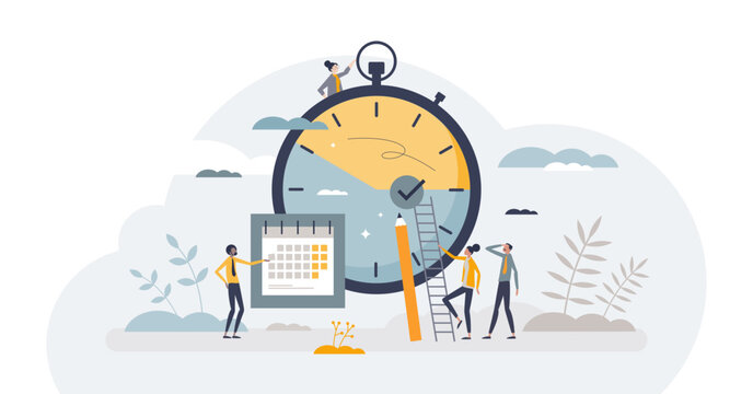 Efficiency with productive process time management tiny person concept, transparent background. Teamwork and precise schedule with tasks as productivity and effective work illustration.