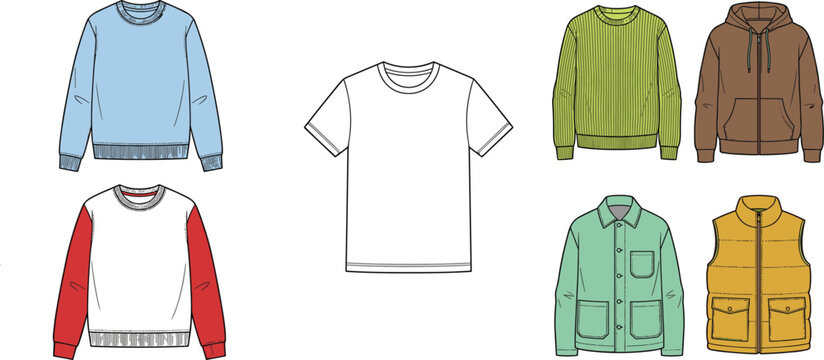 Vector flat fashion sketching templates featuring casual overwear mockups including sweaters hoodie jacket vest and t-shirt