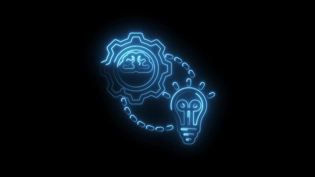 Glowing blue neon brain inside gear connected to lightbulb symbolizing innovation idea icon