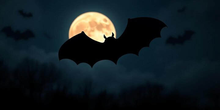 Spooky Halloween bat silhouette against a moonlit night sky, wildlife, bats